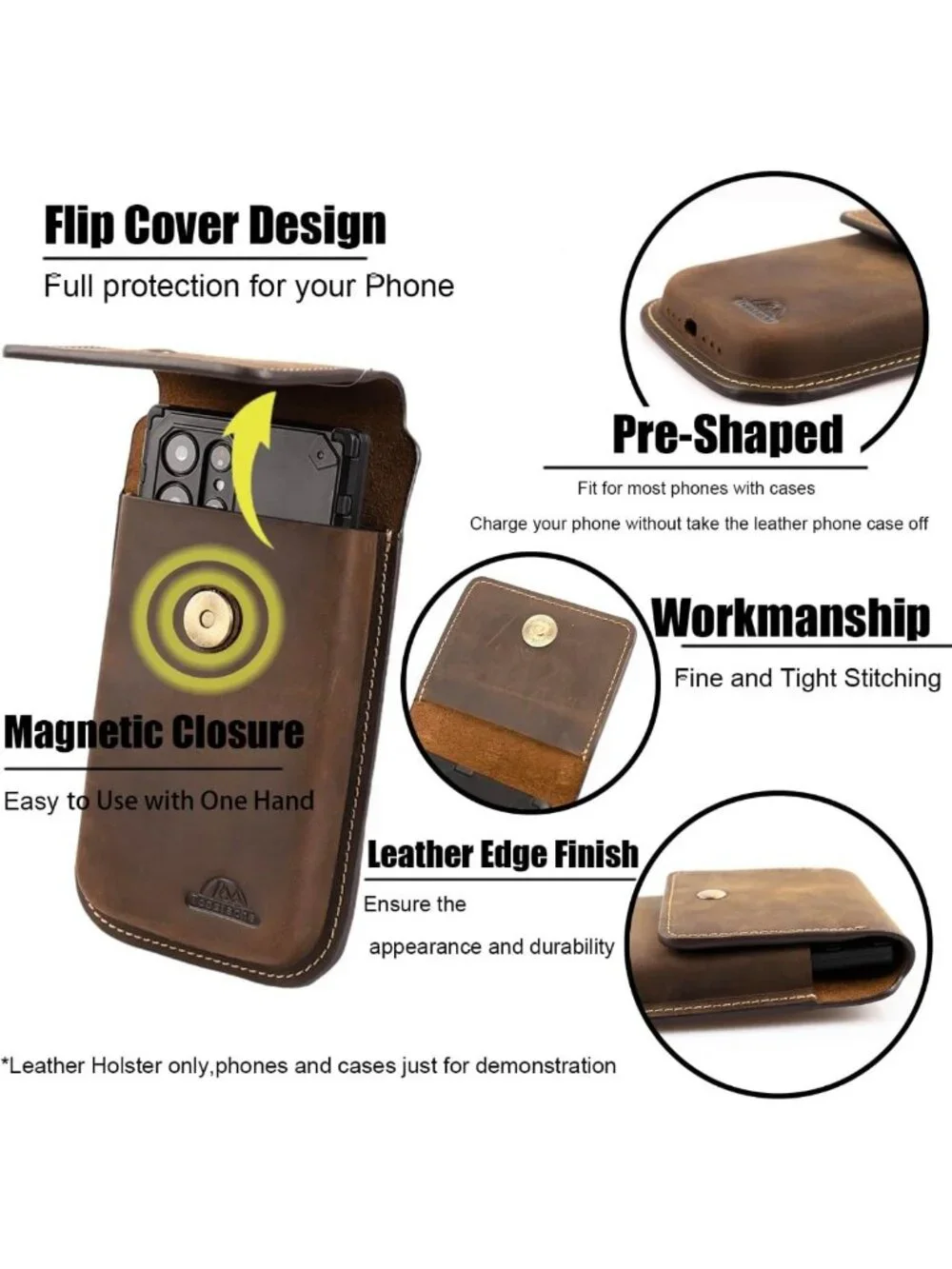 Leather Phone Holster for iPhone & Galaxy - Belt Clip Case, XL Dark Brown Pouch